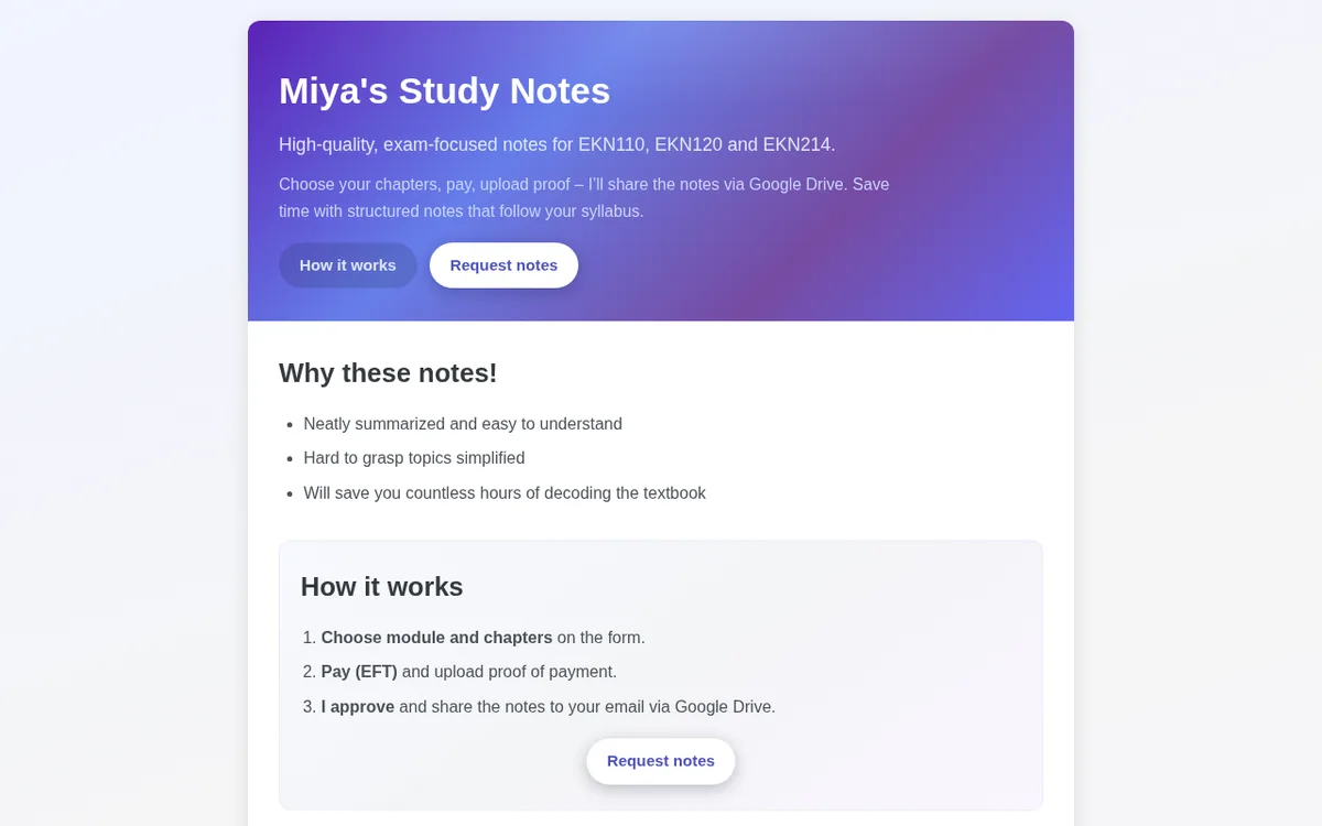 The Miya Study Notes ordering page